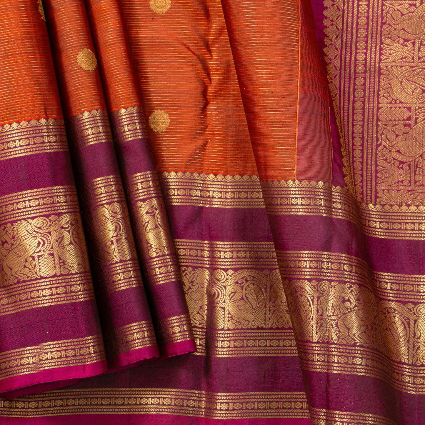 Orange And Magenta Kanchipuram Silk Saree Vairaoosi For Wedding Wear PV MEN 244