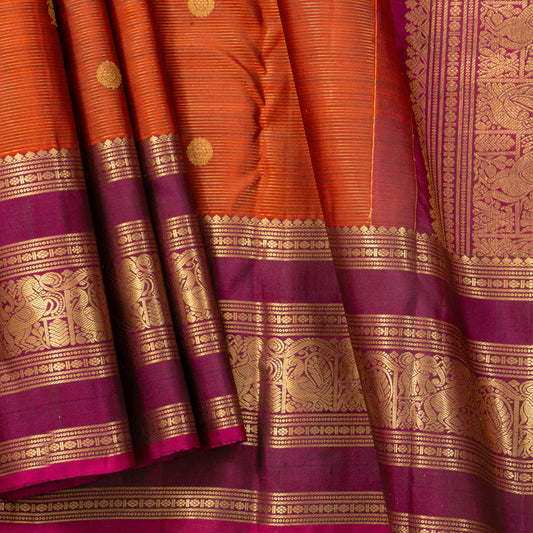 Orange And Magenta Kanchipuram Silk Saree Vairaoosi For Wedding Wear PV MEN 244