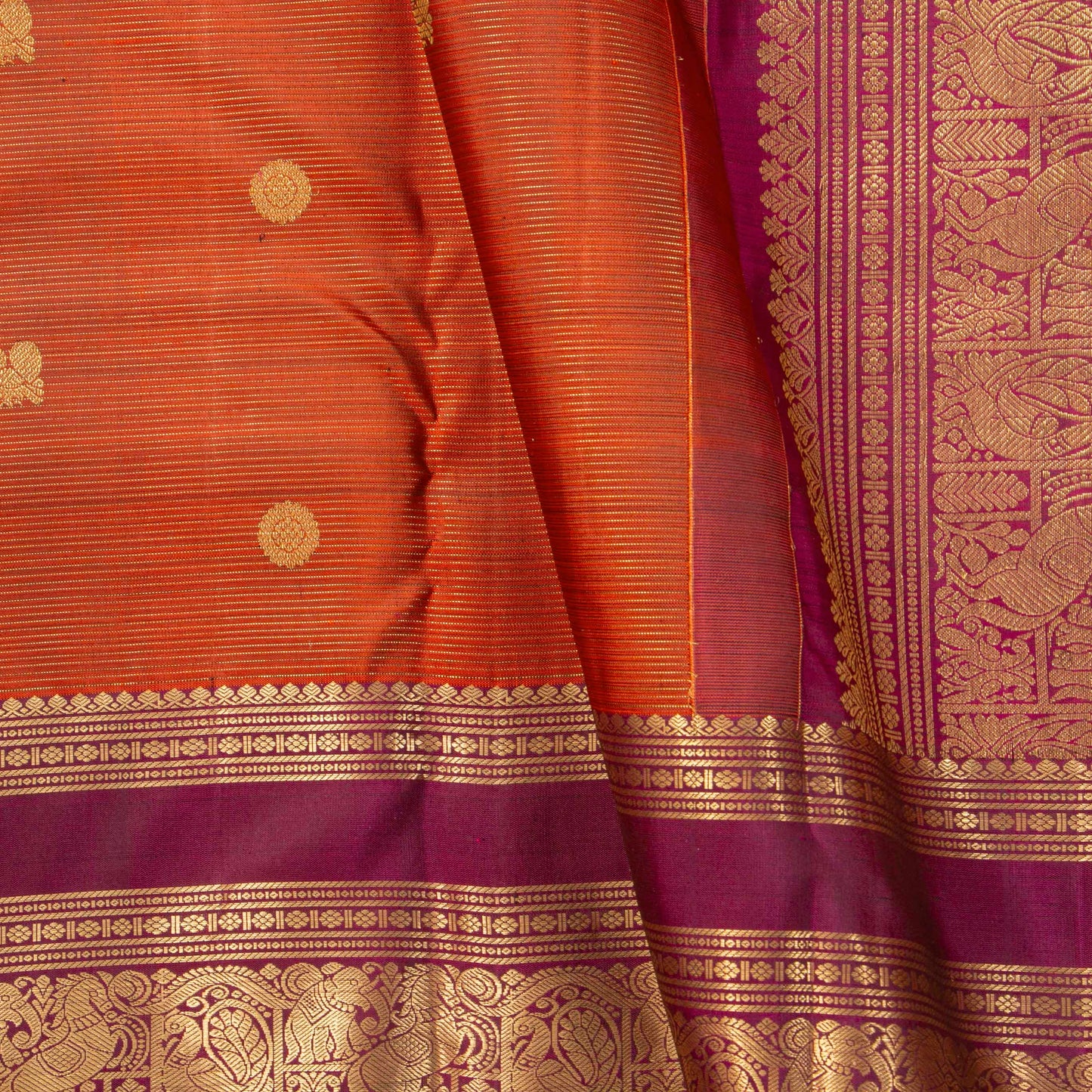 Orange And Magenta Kanchipuram Silk Saree Vairaoosi For Wedding Wear PV MEN 244