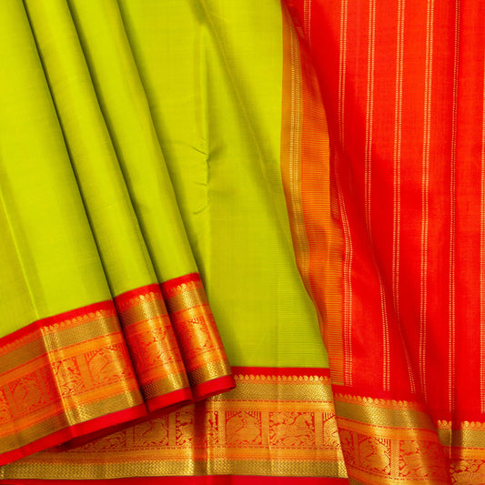 Parrot Green And Red Kanchipuram Silk Saree With Korvai Border For Wedding Wear PV NYC 1725