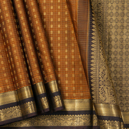 Mustard And Brown Kanchipuram Silk Saree For Festive Wear PV MEN 241 - Silk Sari - Panjavarnam PV MEN 241