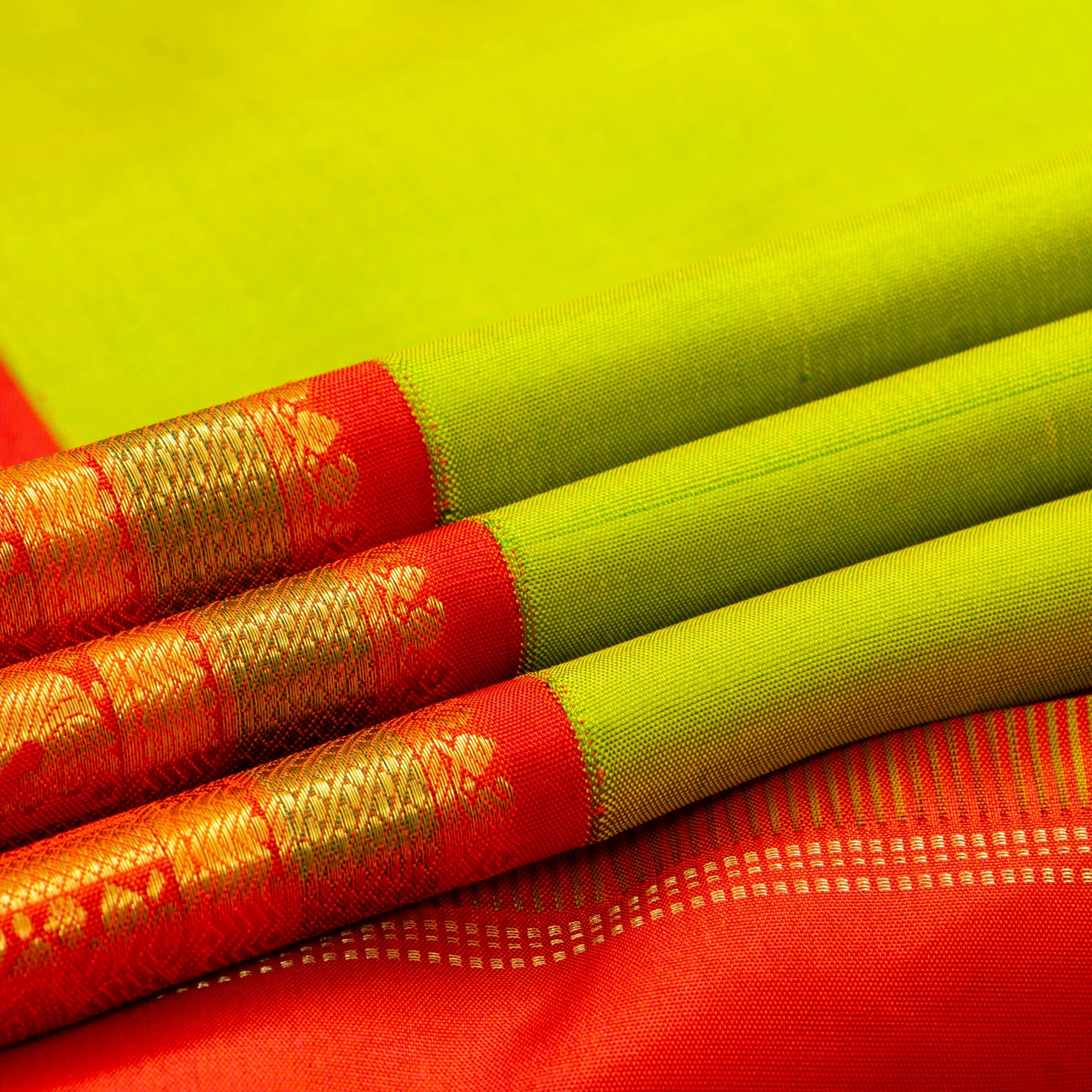 Parrot Green And Red Kanchipuram Silk Saree With Korvai Border For Wedding Wear PV NYC 1725