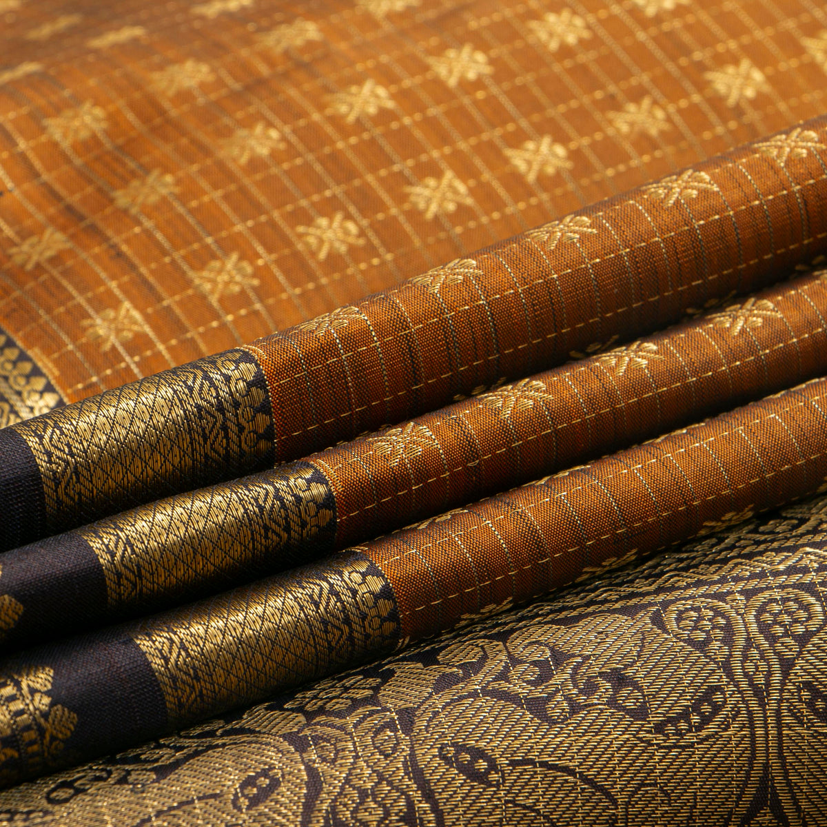 Mustard And Brown Kanchipuram Silk Saree For Festive Wear PV MEN 241 - Silk Sari - Panjavarnam PV MEN 241