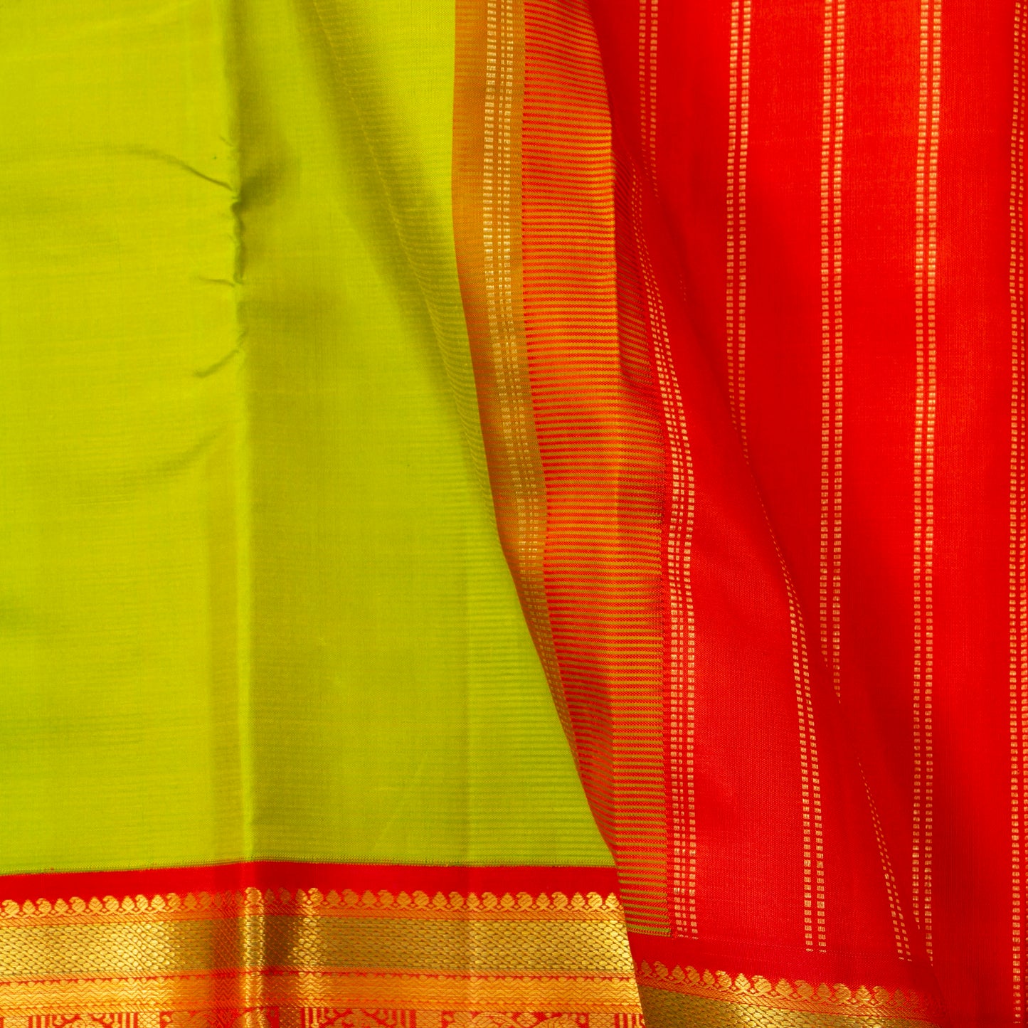 Parrot Green And Red Kanchipuram Silk Saree With Korvai Border For Wedding Wear PV NYC 1725