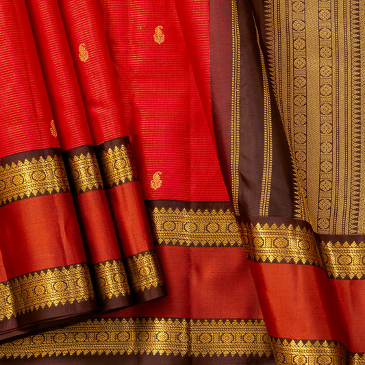 Red And Brown Kanchipuram Silk Saree Vairaoosi  For Festive Wear PV MEN 211
