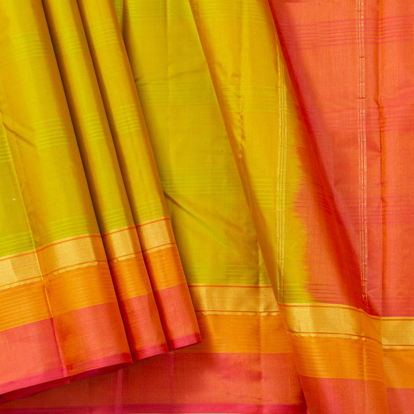 Green And Orange Kanchipuram Silk Saree Light Weight For Festive Wear PV MEN 109