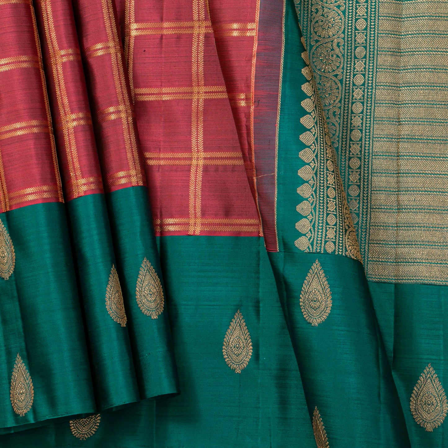 Gheva And Teal  Kanchipuram Silk Saree For Festive Wear PV MEN 275
