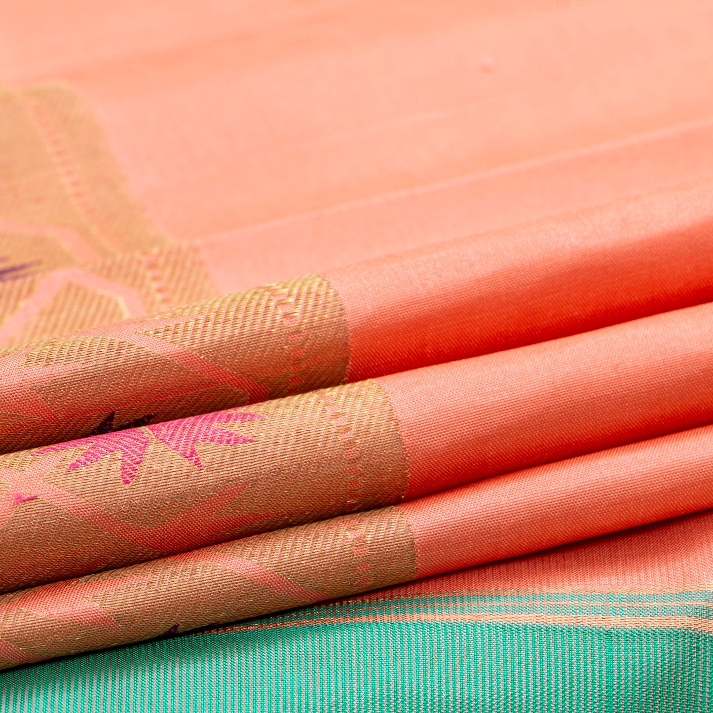 Peach And Sea Green Kanchipuram Silk Saree For Bridal Wear PV NYC 1275