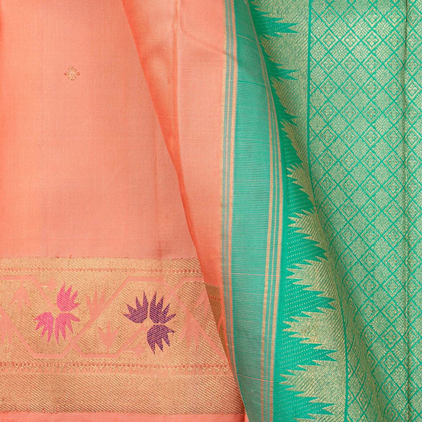 Peach And Sea Green Kanchipuram Silk Saree For Bridal Wear PV NYC 1275