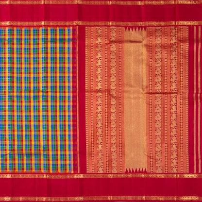 Multicolour Checks Kanchipuram Silk Saree With Red Temple Korvai Border For Wedding Wear PV NYC 1631
