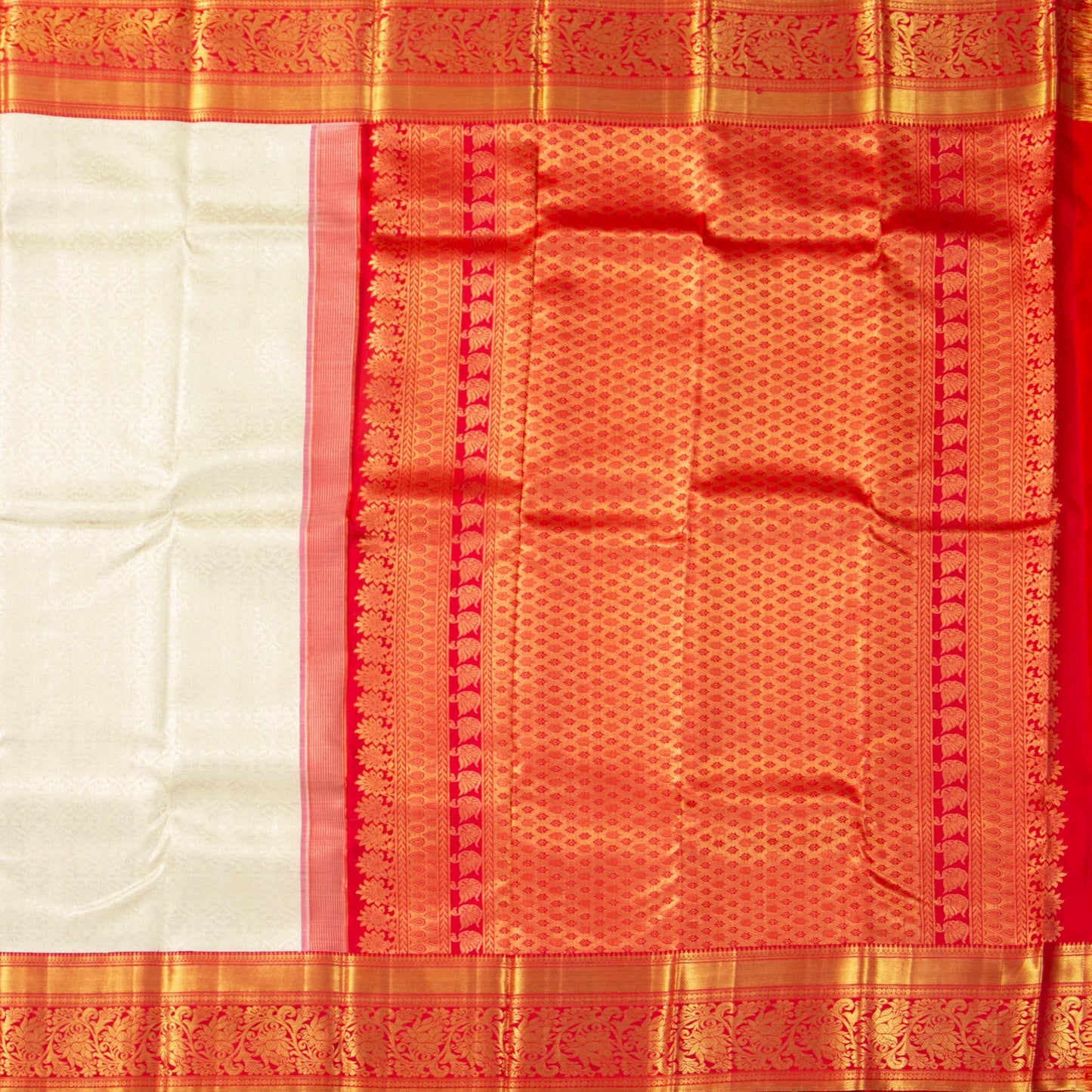 Cream And Red Kanchipuram Silk Saree With Silver Zari Work For Bridal Wear PV NYC 1683