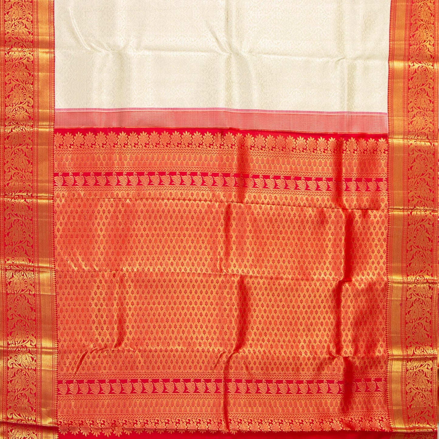 Cream And Red Kanchipuram Silk Saree With Silver Zari Work For Bridal Wear PV NYC 1683