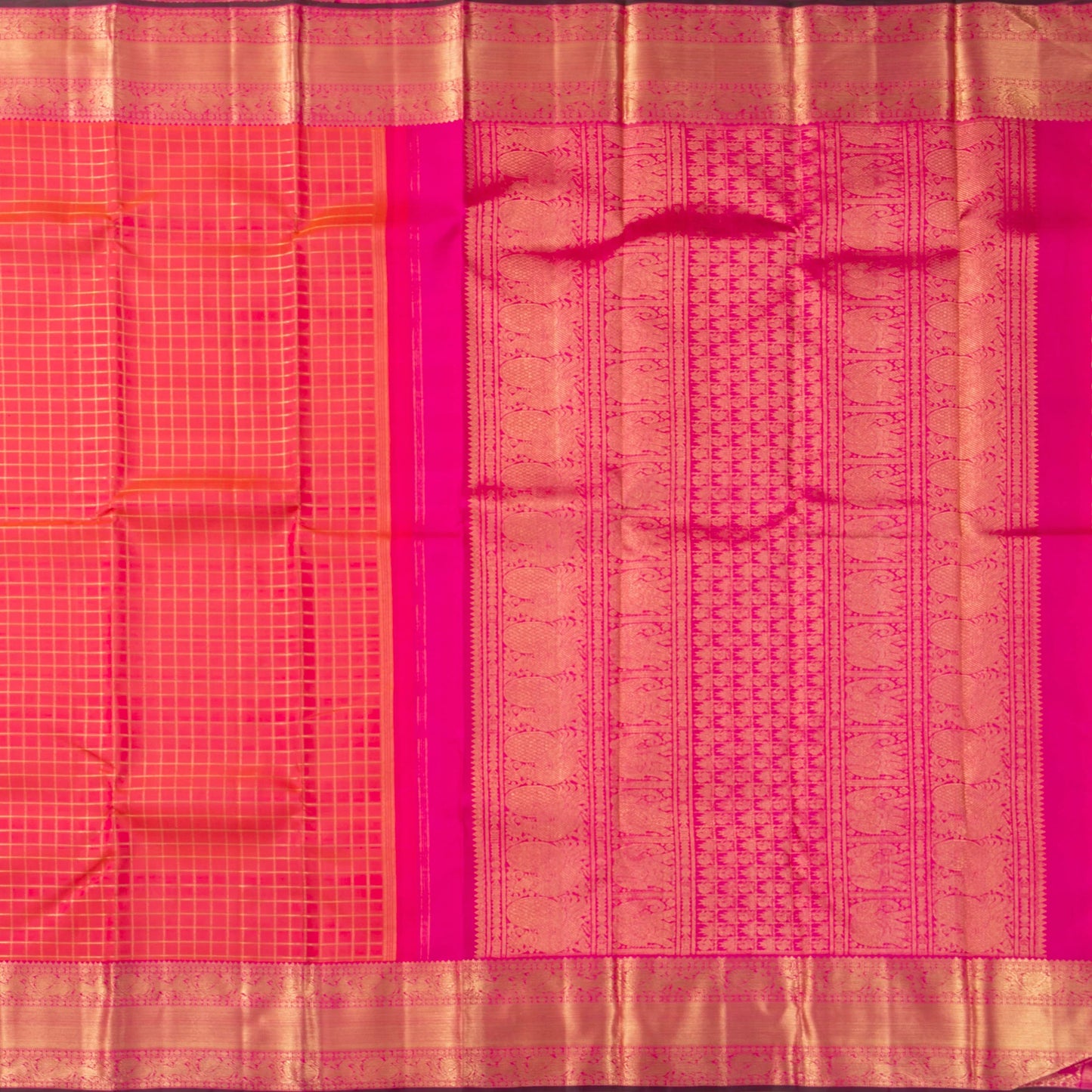 Pink And Orange Dual Shade Kanchipuram Silk Saree With Zari Checks For Wedding Wear PV NYC 1715