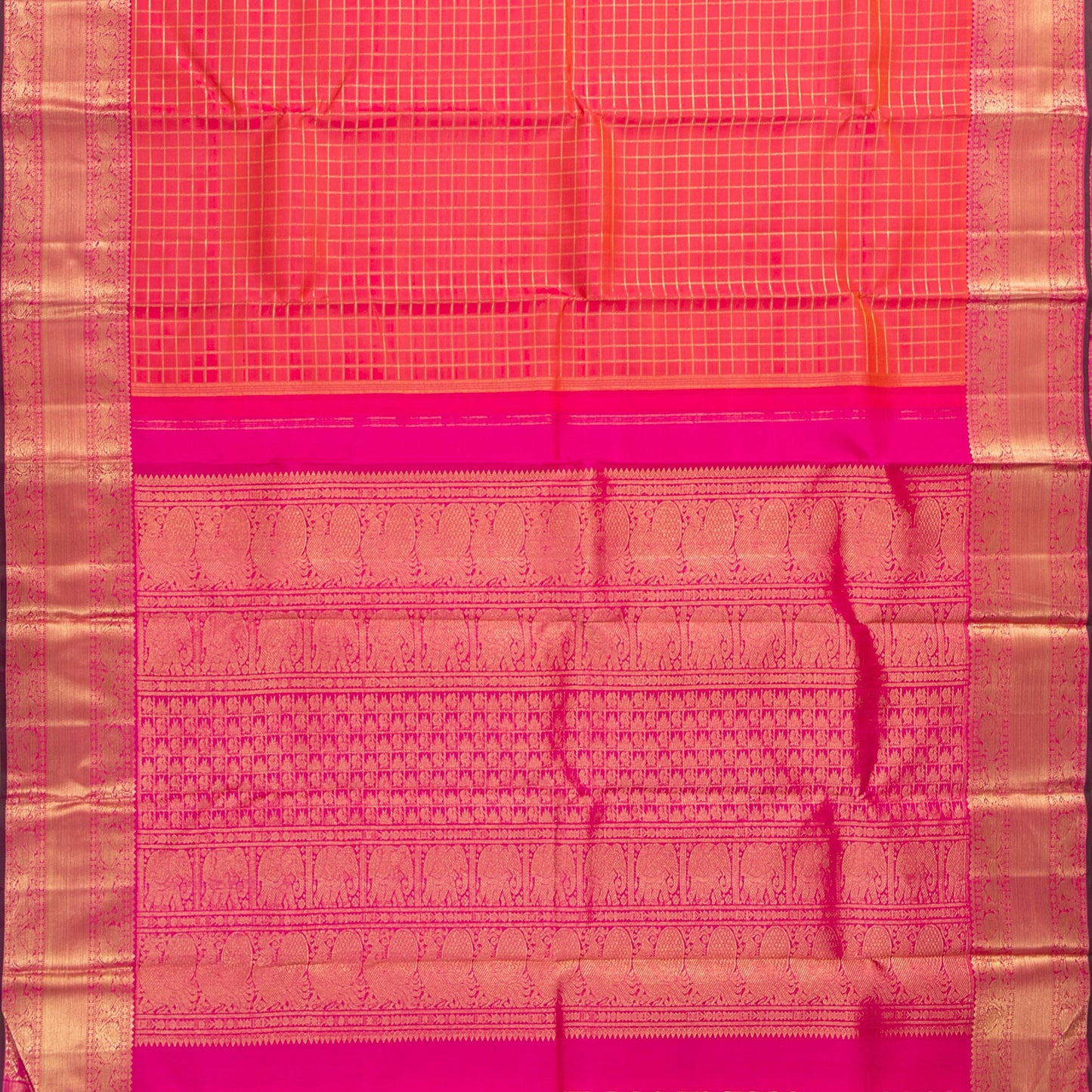 Pink And Orange Dual Shade Kanchipuram Silk Saree With Zari Checks For Wedding Wear PV NYC 1715