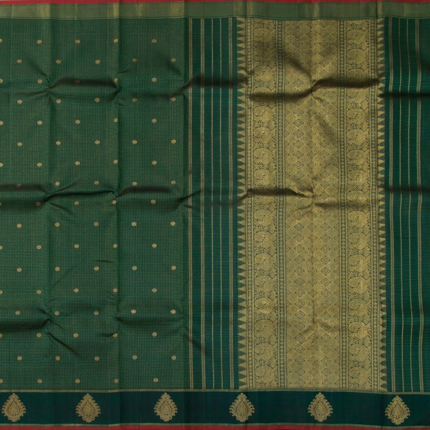 Bottle Green Kanchipuram Silk Saree With Zari Checks For Wedding Wear PV NYC 1664