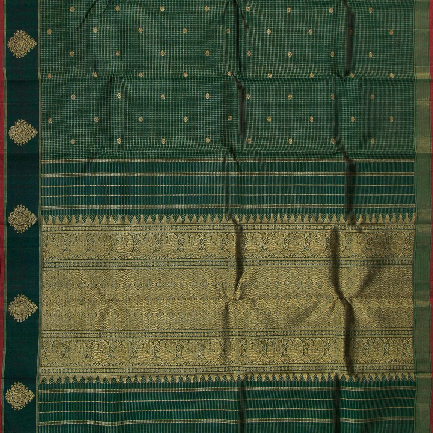 Bottle Green Kanchipuram Silk Saree With Zari Checks For Wedding Wear PV NYC 1664