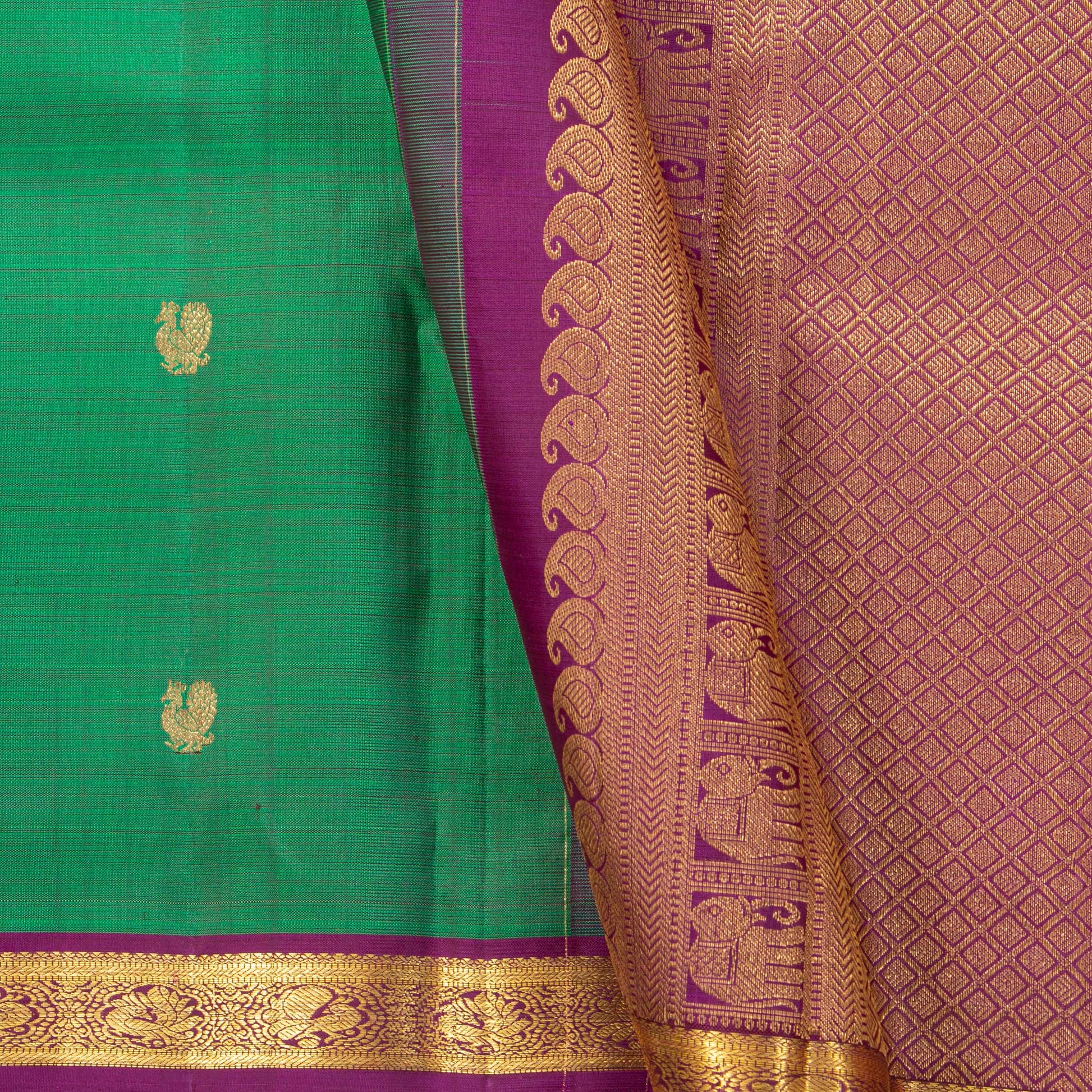 Green And Magenta Kanchipuram Silk Saree For Festive Wear PV MEN 235 - Silk Sari - Panjavarnam PV MEN 235
