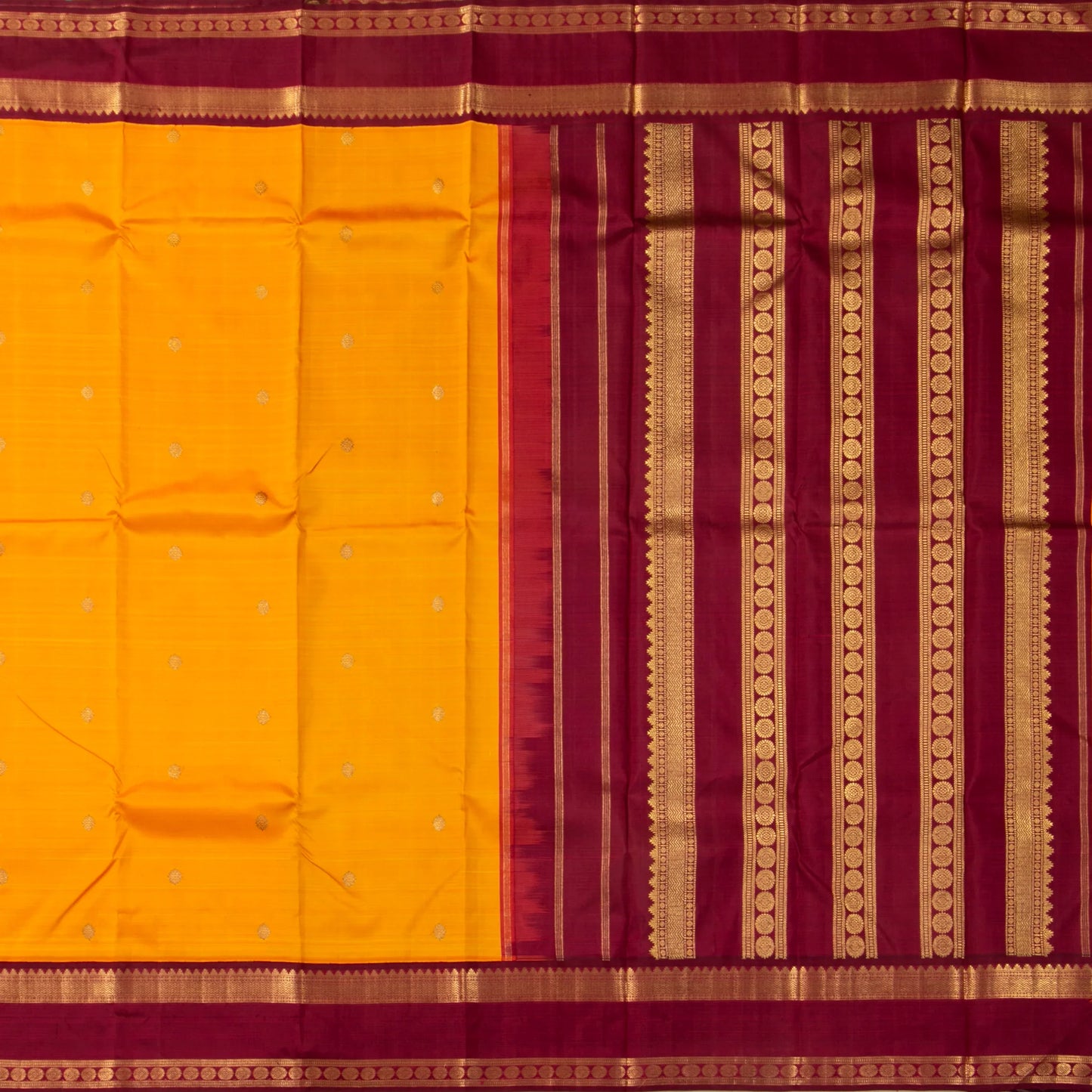 Mango Yellow And Maroon Kanchipuram Silk Saree With Korvai Contrast Border For Festive Wear PV NYC 1663