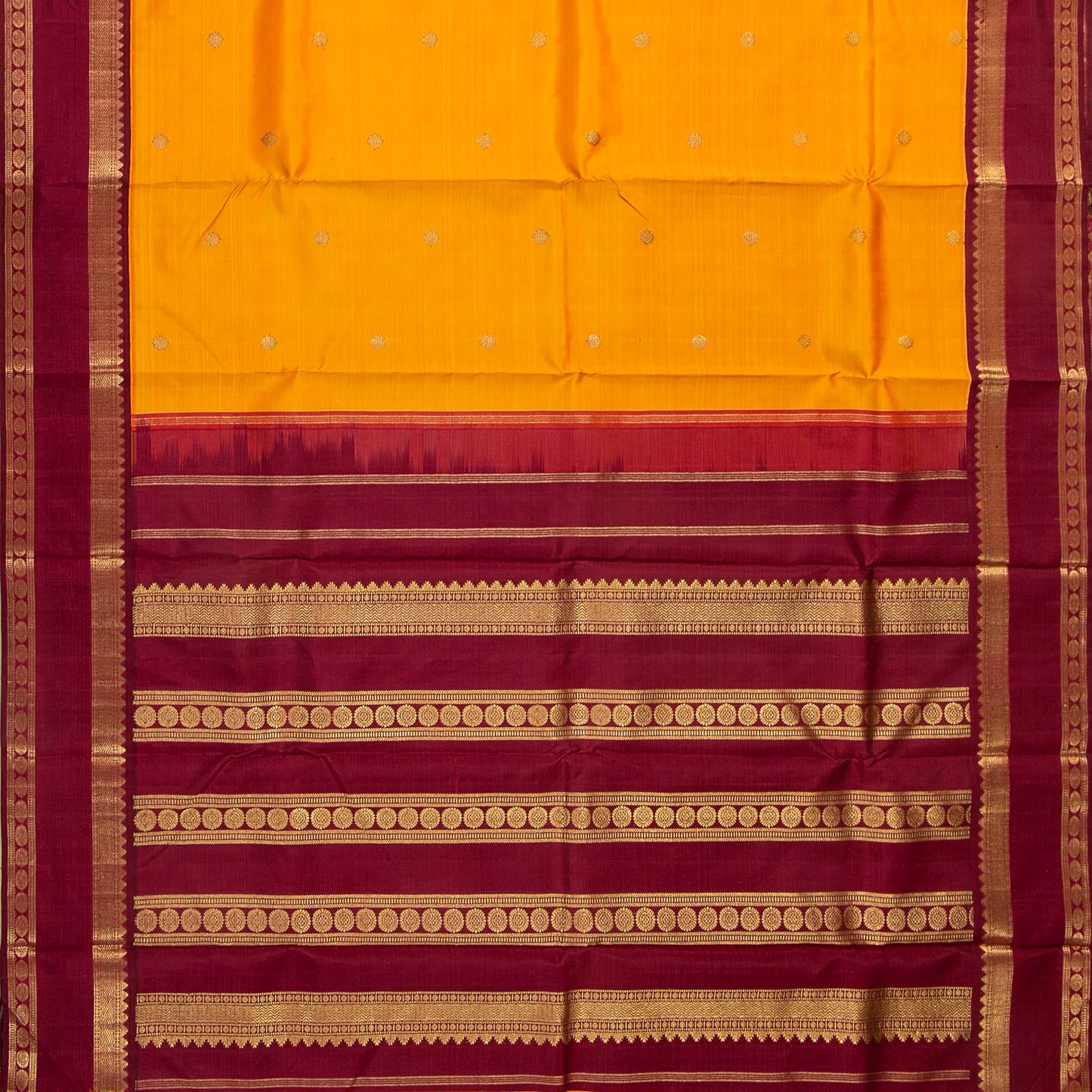 Mango Yellow And Maroon Kanchipuram Silk Saree With Korvai Contrast Border For Festive Wear PV NYC 1663
