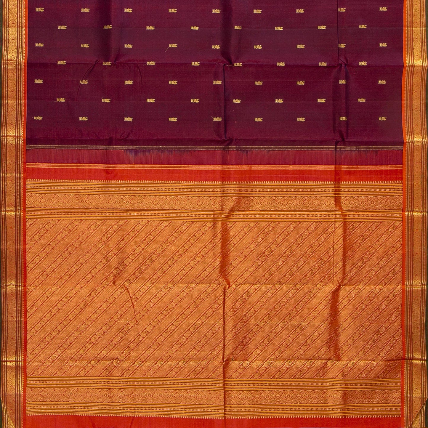 Maroon And Orange Kanchipuram Silk Saree With Zari Butta For Festive Wear PV NYC 1728