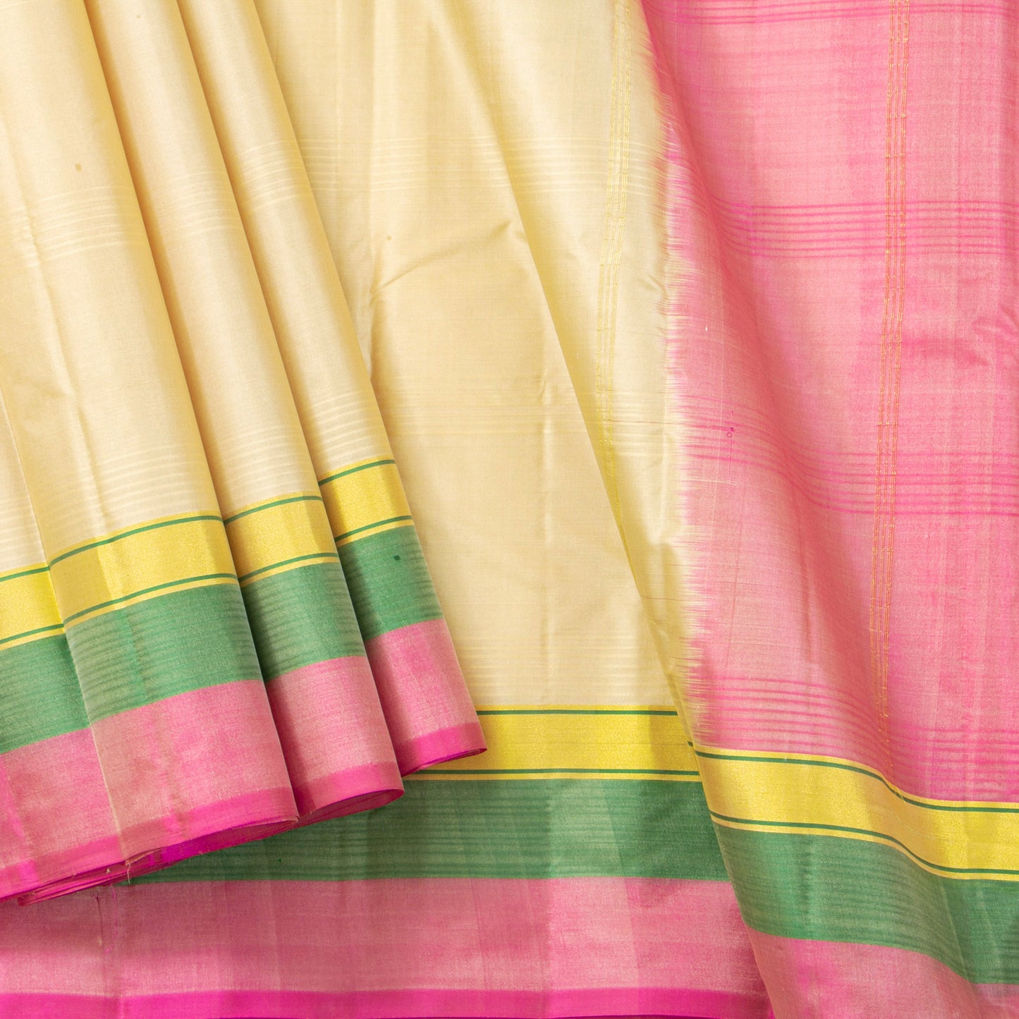 Off White And Pink Kanchipuram Silk Saree For Festive Wear PV MEN 103