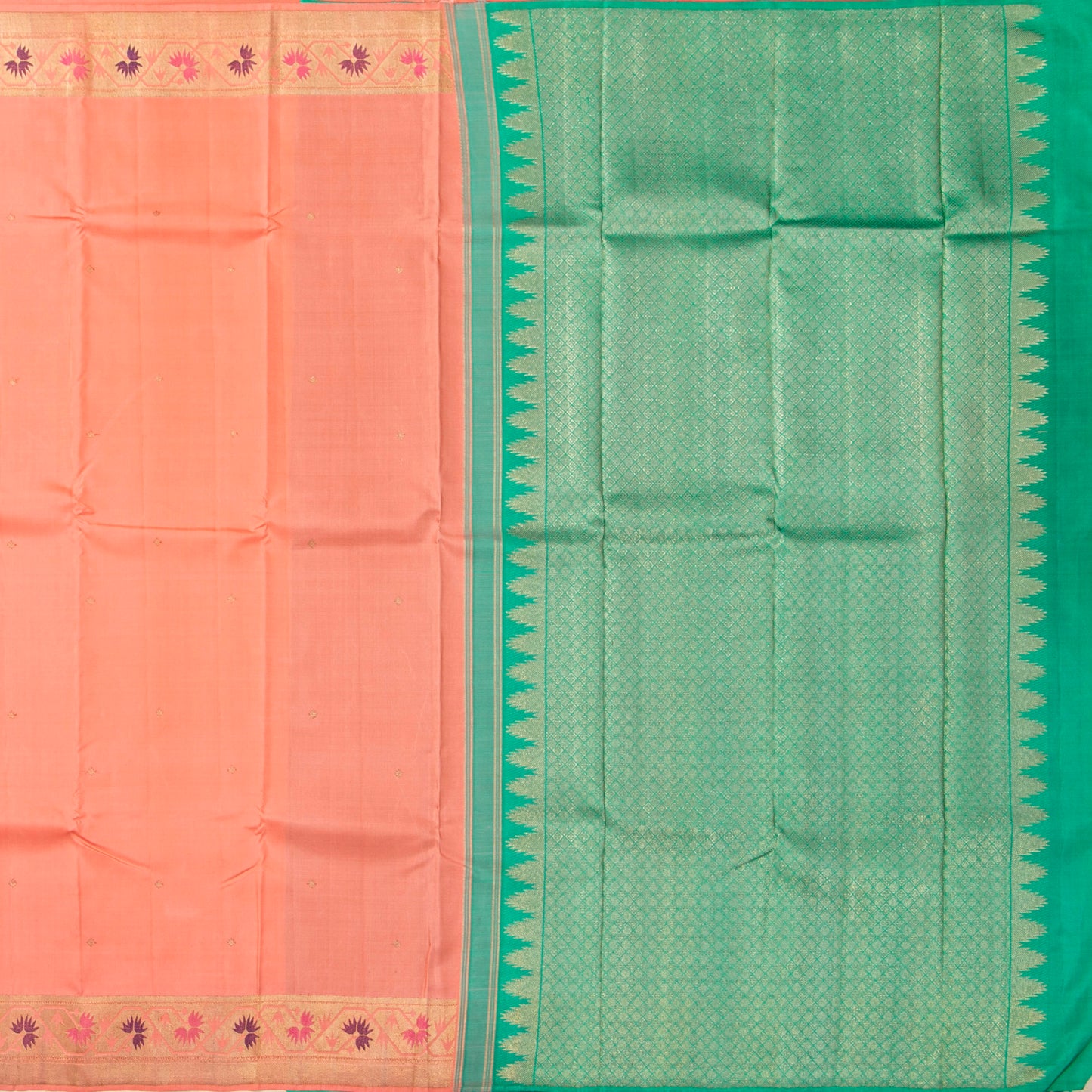 Peach And Sea Green Kanchipuram Silk Saree For Bridal Wear PV NYC 1275