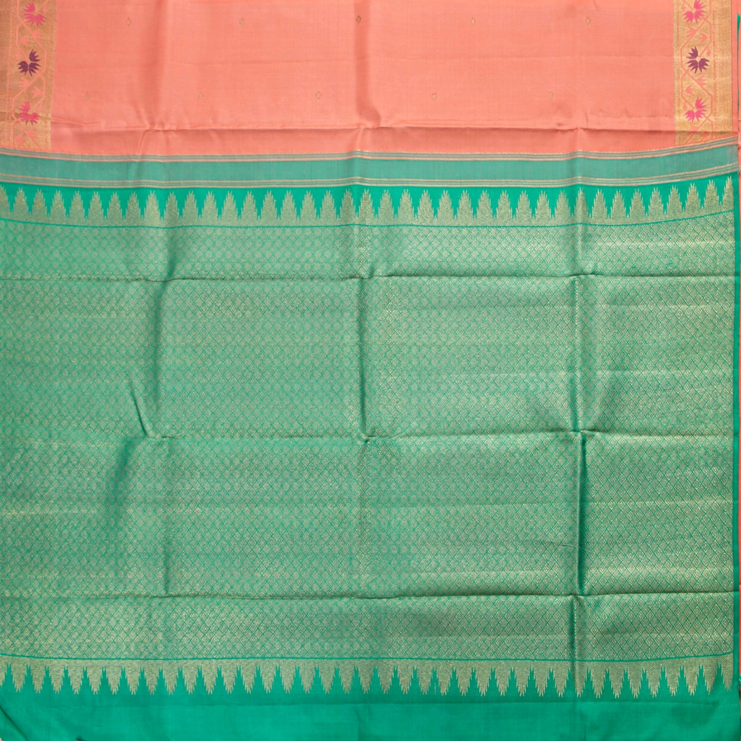 Peach And Sea Green Kanchipuram Silk Saree For Bridal Wear PV NYC 1275