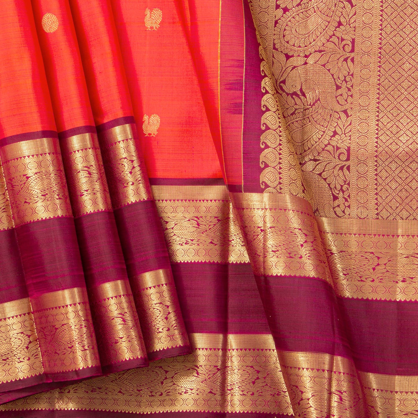 Orange And Maroon Kanchipuram Silk Saree For Festive Wear PV MEN 249 - Silk Sari - Panjavarnam PV MEN 249