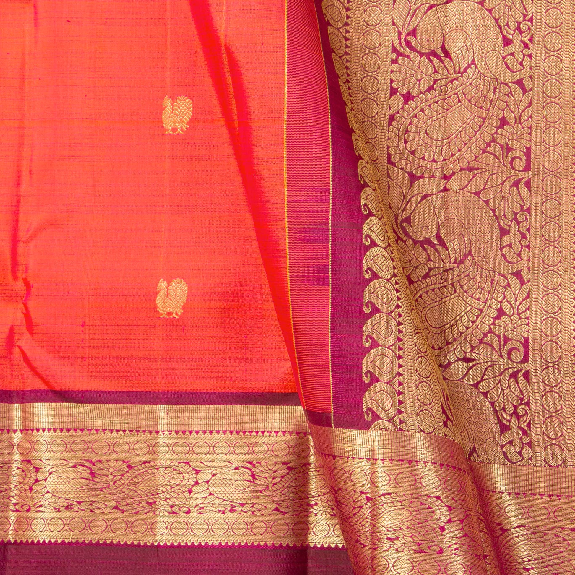 Orange And Maroon Kanchipuram Silk Saree For Festive Wear PV MEN 249 - Silk Sari - Panjavarnam PV MEN 249
