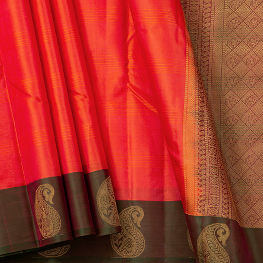 Peach And Green Kanchipuram Silk Saree Light Weight For Festive Wear PV MEN 121