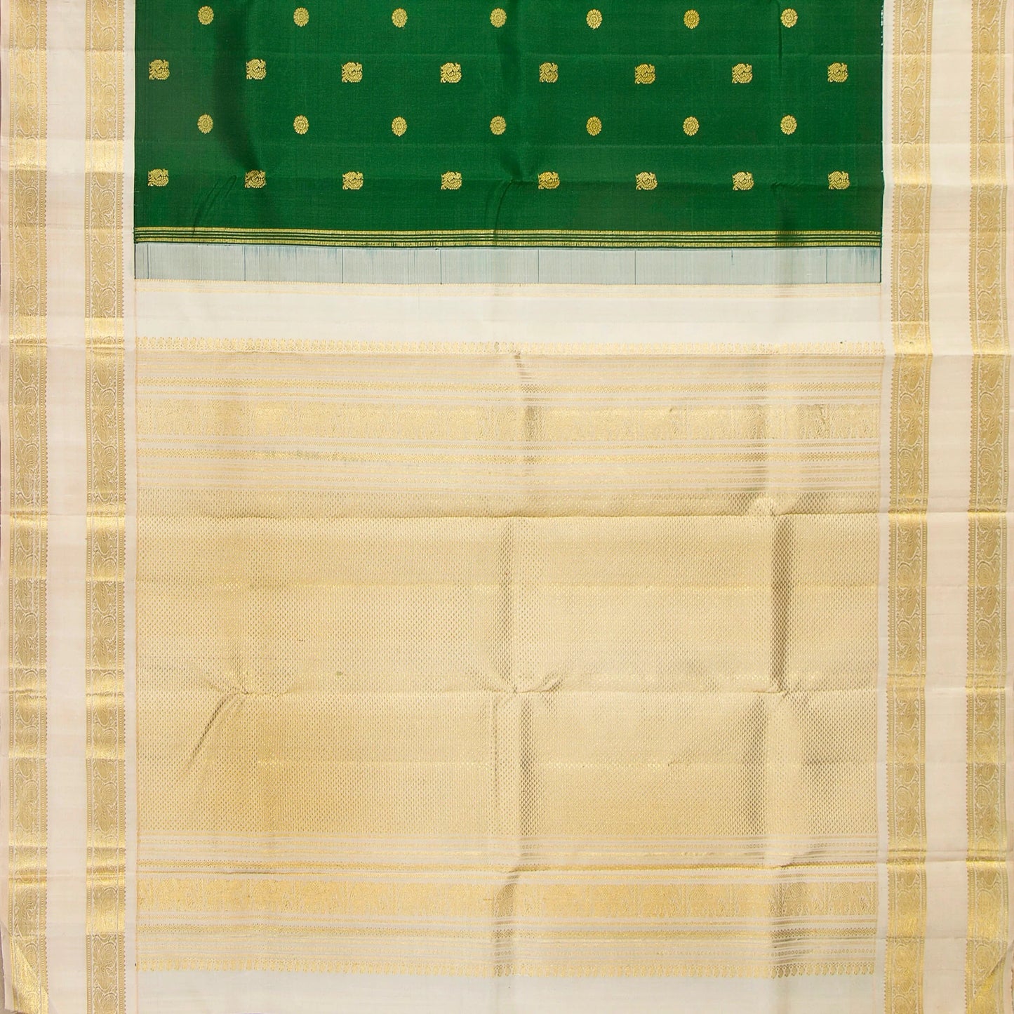 Bottle Green And Off White Kanchipuram Silk Saree With Rettai Pettu Border For Wedding Wear PV NYC 1623