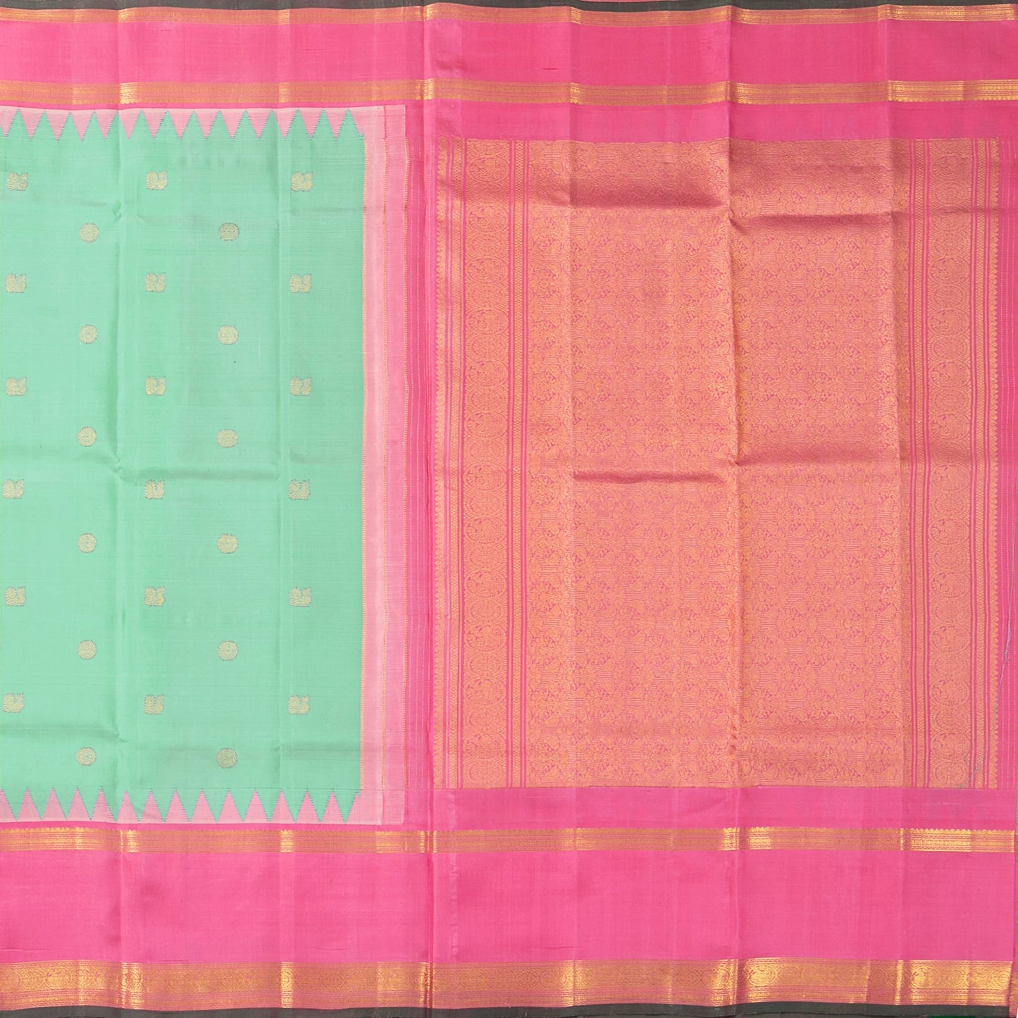 Sea Green And Pink Kanchipuram Silk Saree With Temple Border For Festive Wear PV NYC 1674
