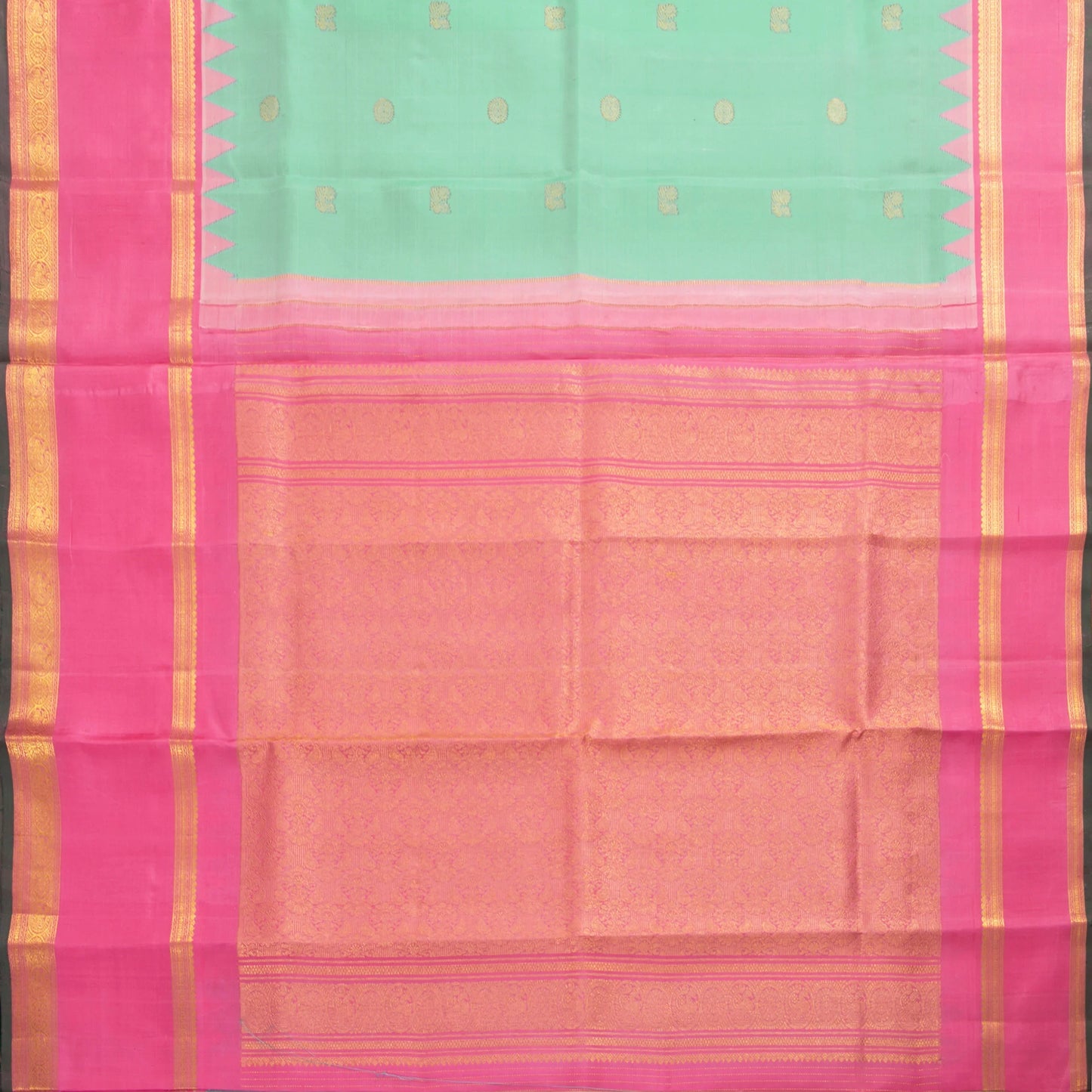 Sea Green And Pink Kanchipuram Silk Saree With Temple Border For Festive Wear PV NYC 1674