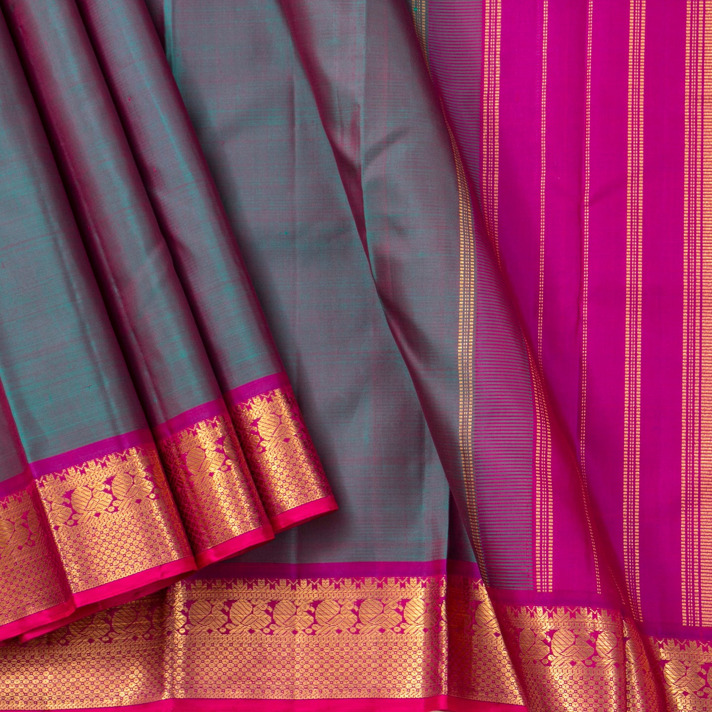 Blue And Pink Kanchipuram Silk Saree With Medium Border Handwoven Pure Silk For Festive Wear PV J 5200