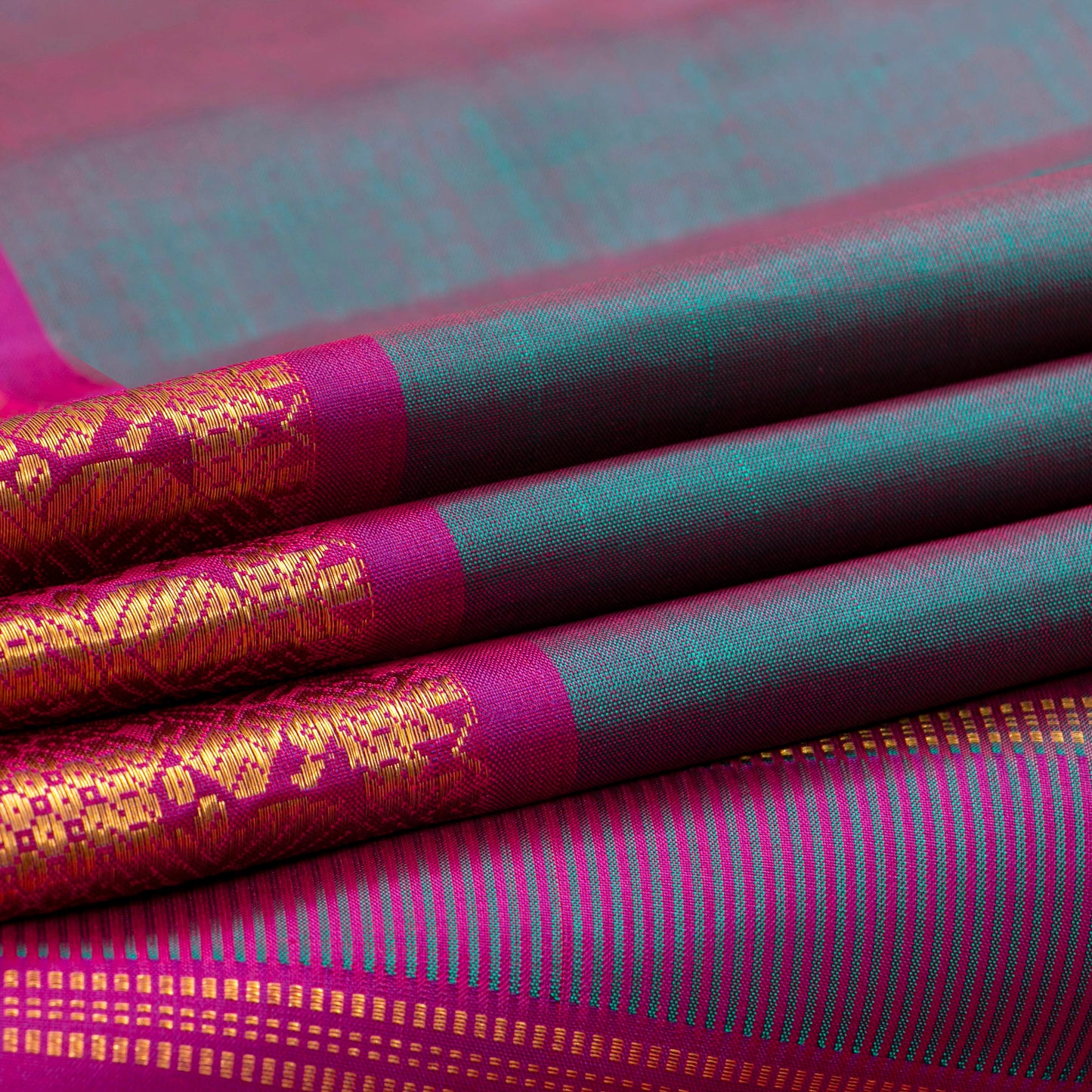 Blue And Pink Kanchipuram Silk Saree With Medium Border Handwoven Pure Silk For Festive Wear PV J 5200