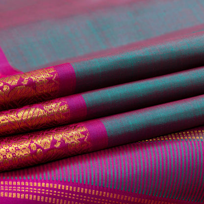 Blue And Pink Kanchipuram Silk Saree With Medium Border Handwoven Pure Silk For Festive Wear PV J 5200