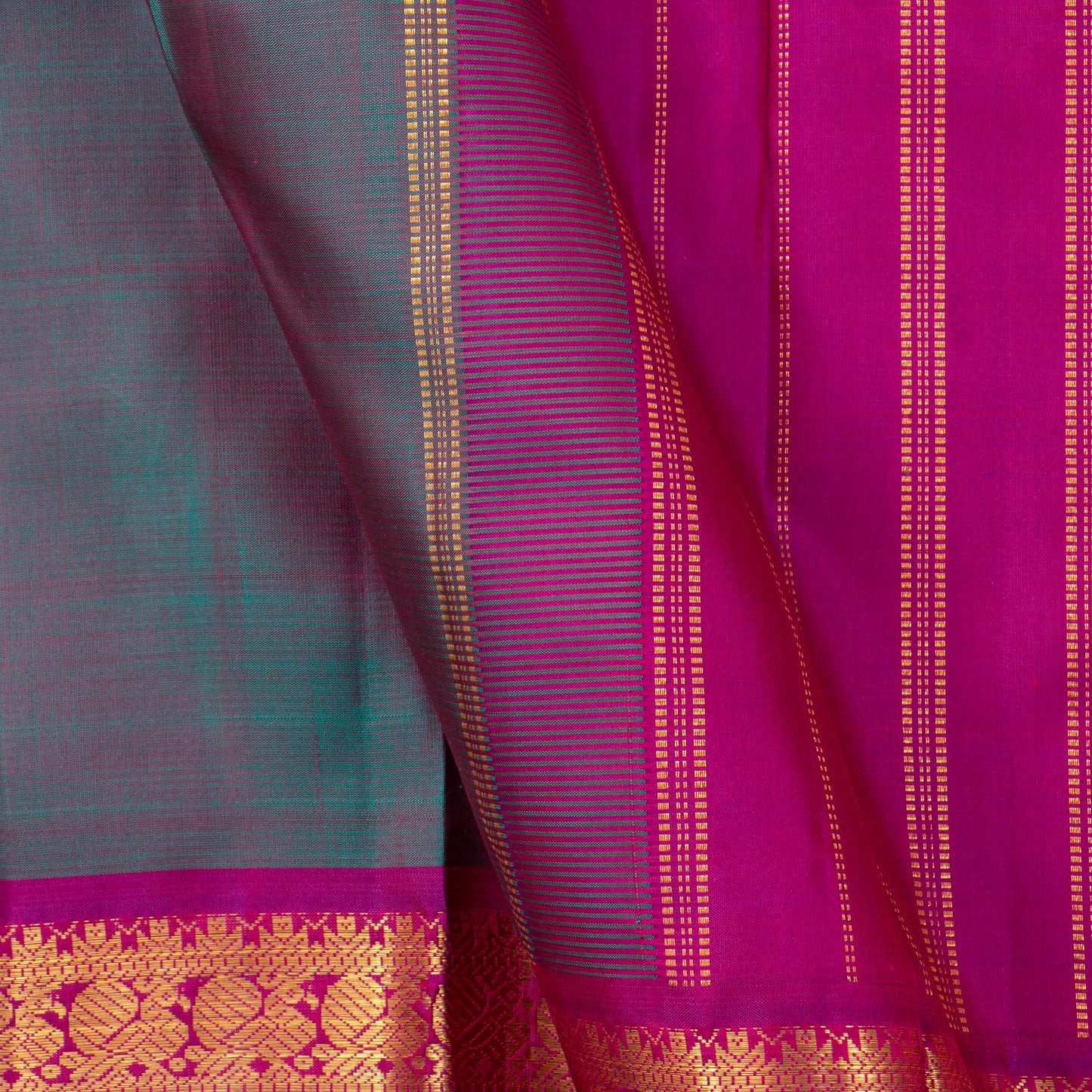 Blue And Pink Kanchipuram Silk Saree With Medium Border Handwoven Pure Silk For Festive Wear PV J 5200