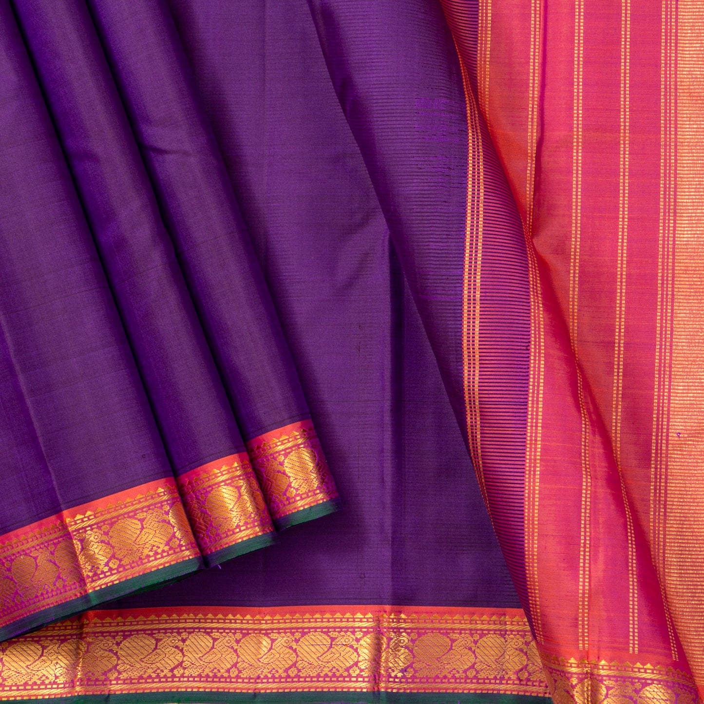 Purple And Peach Kanchipuram Silk Saree With Short Border Handwoven Pure Silk For Festive Wear PV J 5192