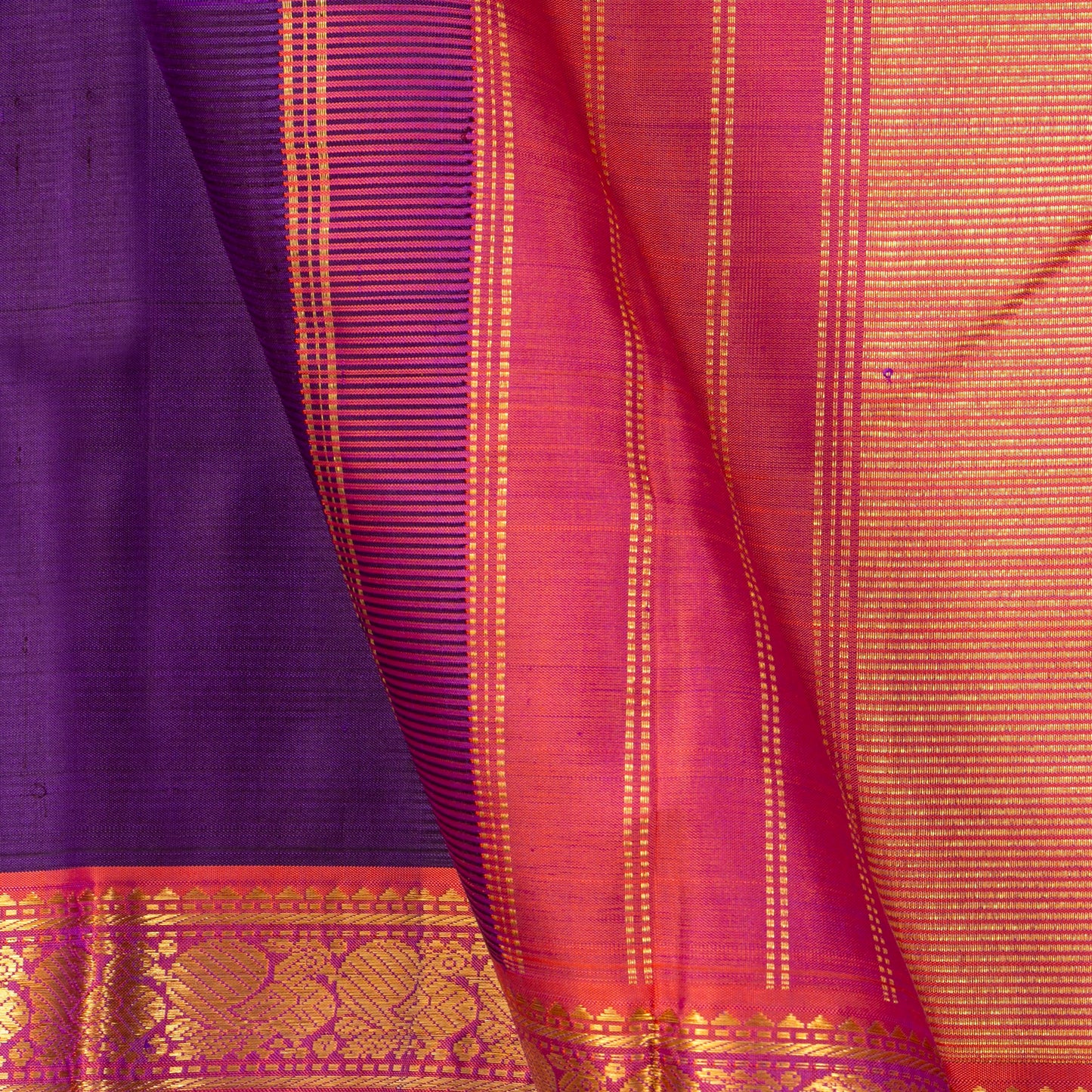 Purple And Peach Kanchipuram Silk Saree With Short Border Handwoven Pure Silk For Festive Wear PV J 5192