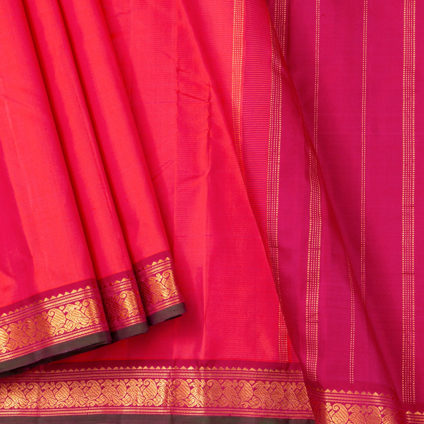 Pink And Maroon Kanchipuram Silk Saree With Short Border Handwoven Pure Silk For Festive Wear PV J 5195