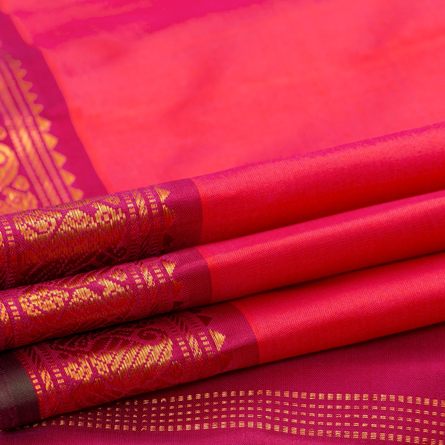 Pink And Maroon Kanchipuram Silk Saree With Short Border Handwoven Pure Silk For Festive Wear PV J 5195