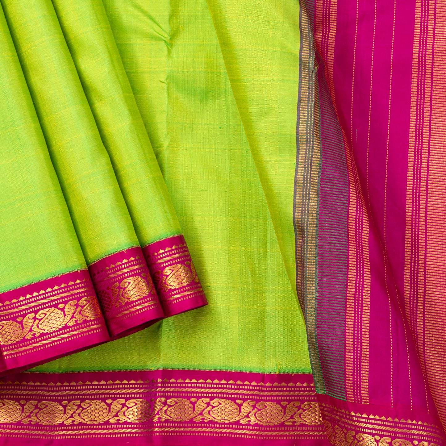 Parrot Green And Pink Kanchipuram Silk Saree For Wedding Wear PV J 4657