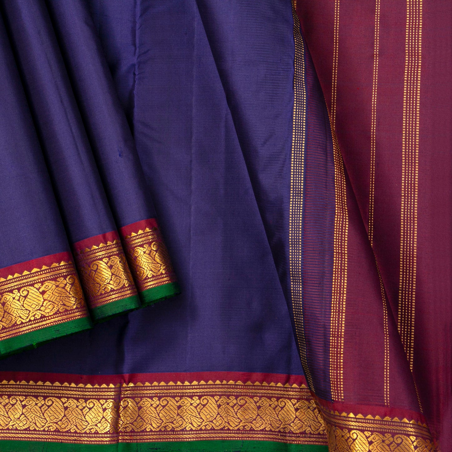 Navy Blue And Maroon Kanchipuram Silk Saree With Short Border Handwoven Pure Silk For Festive Wear PV J 5194