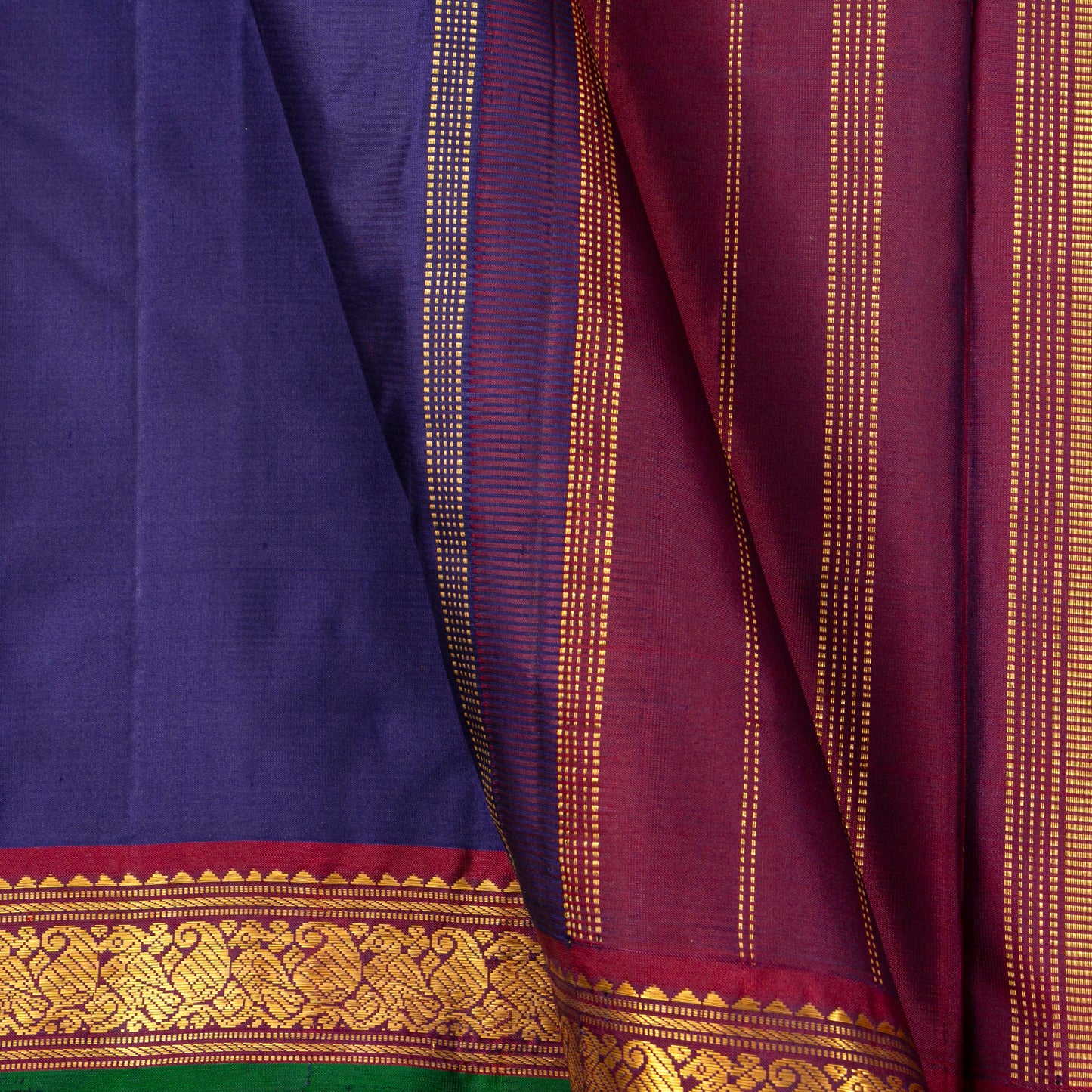 Navy Blue And Maroon Kanchipuram Silk Saree With Short Border Handwoven Pure Silk For Festive Wear PV J 5194