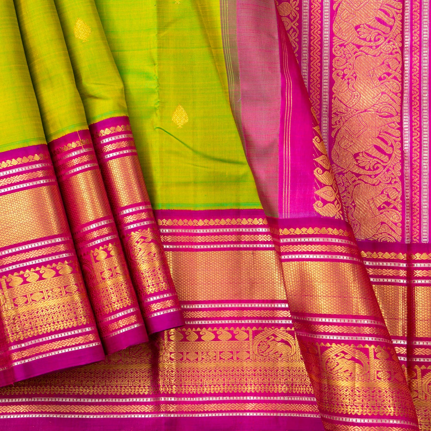 Parrot Green And Pink Kanchipuram Silk Saree For Wedding Wear PV J 5207