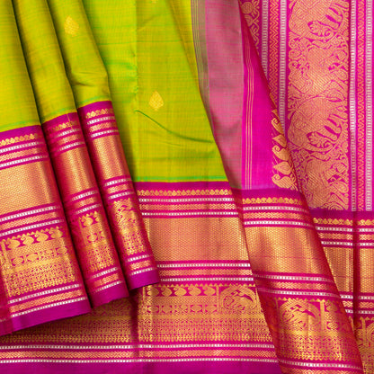 Parrot Green And Pink Kanchipuram Silk Saree For Wedding Wear PV J 5207