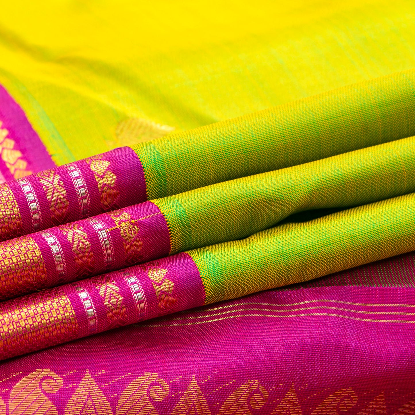 Parrot Green And Pink Kanchipuram Silk Saree For Wedding Wear PV J 5207