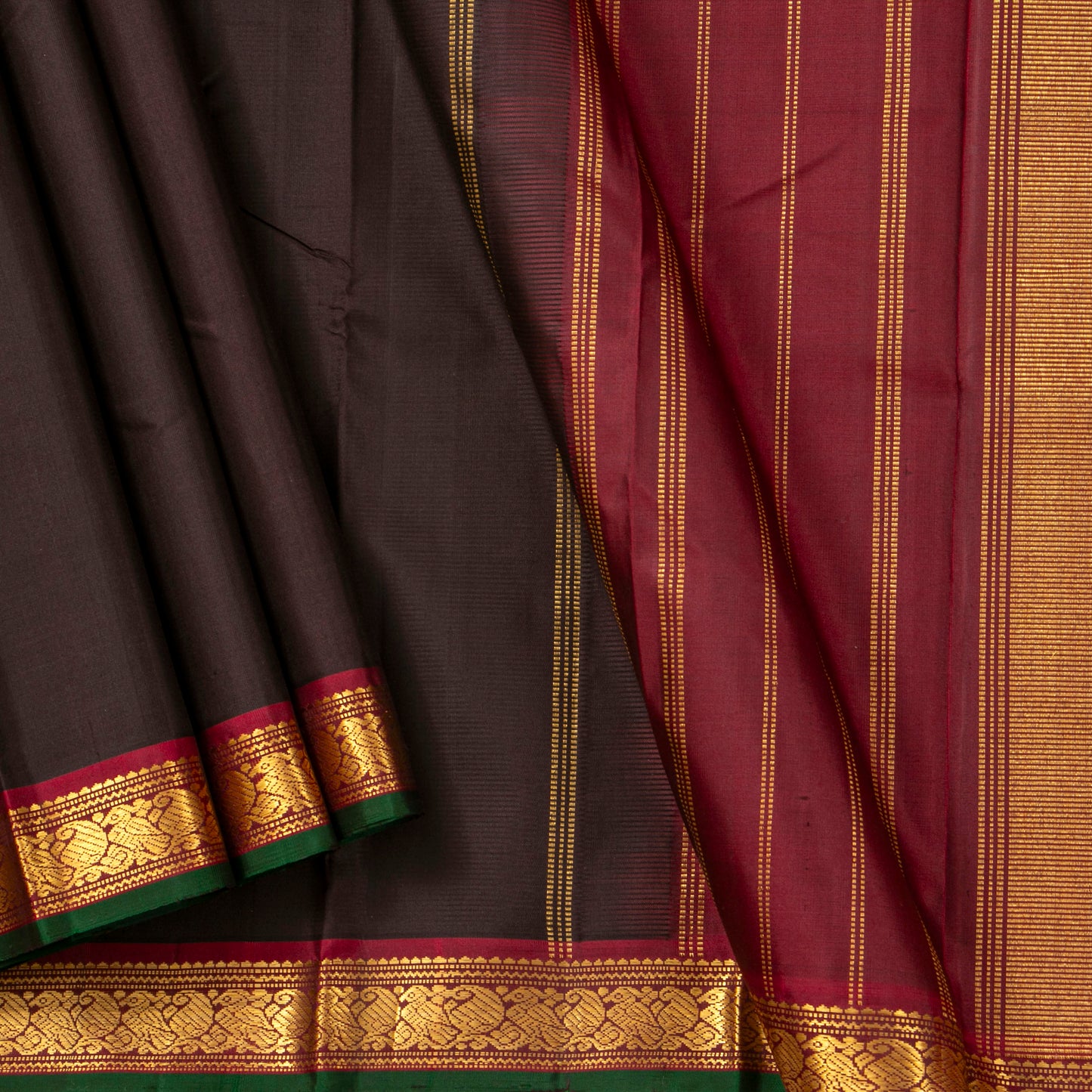 Brown And Maroon Kanchipuram Silk Saree For Festive Wear PV J 5191