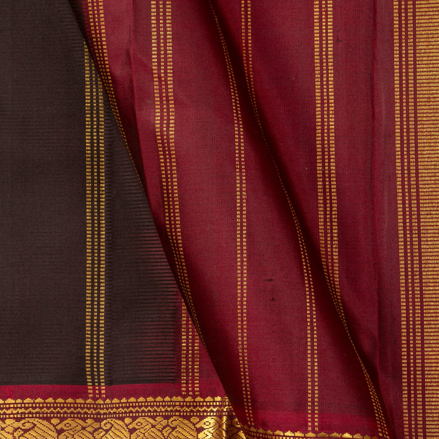 Brown And Maroon Kanchipuram Silk Saree For Festive Wear PV J 5191