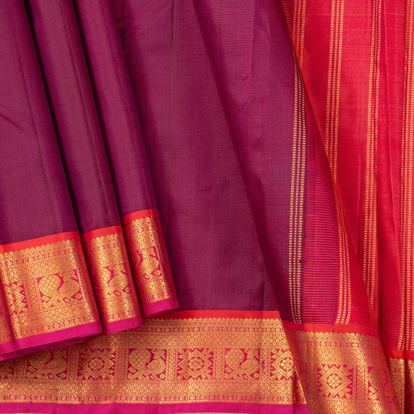 Maroon And Orange Kanchipuram Silk Saree With Short Border Handwoven Pure Silk For Festive Wear PV J 5198